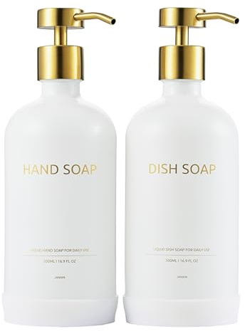 Set of 2 Glass Soap Dispenser 500 ml,Soap and Hand Cream Dispenser Set | Soap Dispenser White, With Anti-slip Silicone Protective Pad, Suitable for kitchen