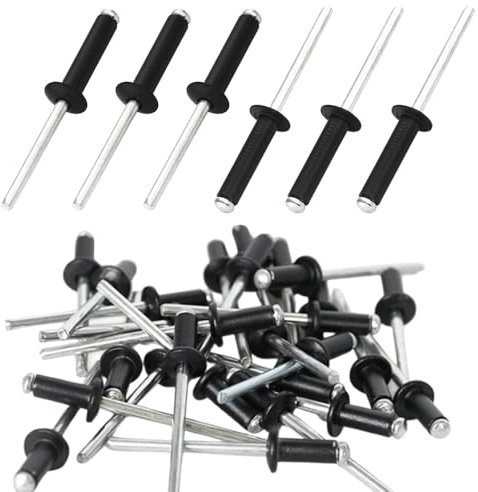 Pamtns 100 Piezas Remaches de Aluminio con Cabeza Ancha Remaches Ciegos Negros Clavos de Cierre de Extremo Remaches Aluminio Ciegos 4.8x 13mm para Metal Madera Plástico para Muebles Ferrocarril