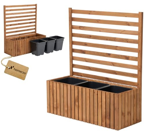Växtkruka med spaljé med växtlåda, blomlåda av trä för trädgård, balkong, terrass, upphöjd bädd med 18 l plastväxtinsats (vertikalbrun, 98 x 36 x 35 H115)