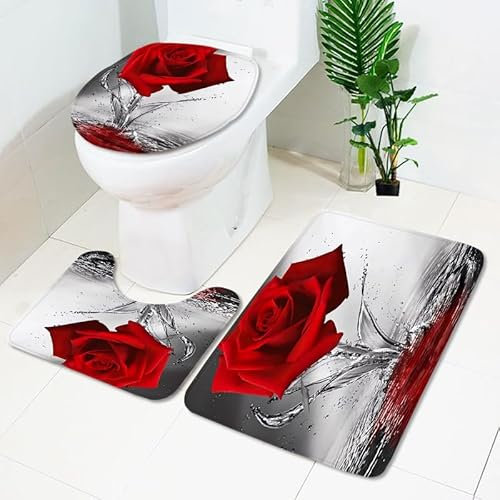 Badezimmerteppich Graue Rote Blume WC Vorleger mit Ausschnitt WC Deckelbezug 3 Teiliges WC Teppich rutschfeste Badgarnitur U förmiger Badematte Waschbar Bad Teppiche Set 50x80 cm