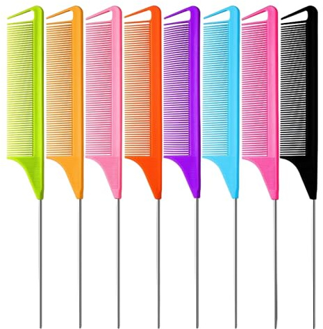 8 PCS Rat Tail Combs Set - Hair Teasing Fine Tooth Comb for Women & Girls, Ideal for Parting & Braiding Hair Styling with Durable Stainless Steel Pintail & Heat Resistant Carbon Fiber