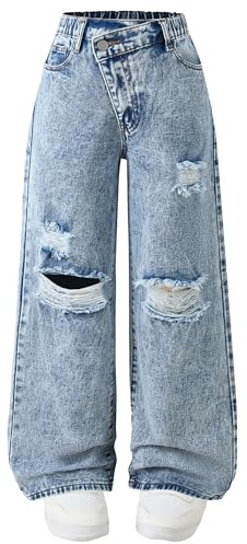 Happy Cherry Filles Jeans Jambe Large Enfants Mode Déchiré Troué Jean Élastique Taille Bleu Denim Pantalon Large avec Poches, 9-10 Ans