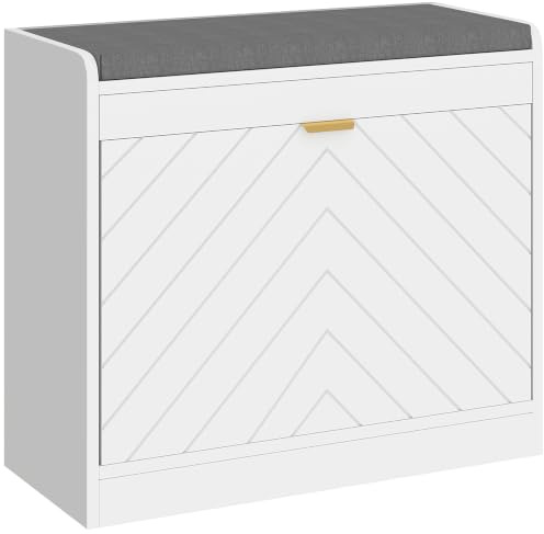 HOMCOM Shoe Storage Bench, Narrow Shoe Cabinet with 1 Flip Drawers, Seating Cushion and 4 Vents for Entryway, Hallway, for 5 Pairs of Shoes, White