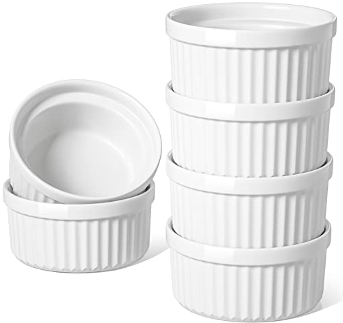 LE TAUCI Cocotte Monoporzione da Forno, 6 X 230 ml Creme Brulee e Soufflé, Pirottini in Ceramica Impilabili per Forno, Cottura, Salse, Crema, Gelato, Set di 6, Bianco