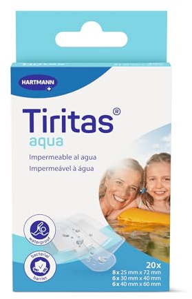 TIRITAS Aqua: Apósitos ideales para el contacto con agua, ducha o baño; Con adhesivo hipoalergénico. Perfectas para proteger pequeñas heridas y dejan transpirar la piel; 3 tamaños; 16 unidades.