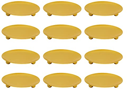 Merkaunis 12 Pcs Plate Candle Holder, 4.5'' Candle Tray Decorative Pillar Candle Stand Iron Gold Candlestick Holder for Spa, Wedding, Dinning, Party,Taper Candles