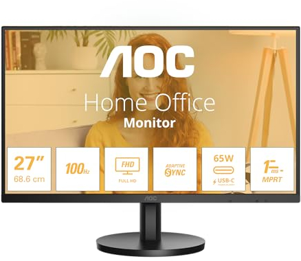 AOC 27B3CA2 - 27 Inch FHD Monitor, 100Hz, IPS, Speakers, USB-C Connectivity, FlickerFree, Adaptive Sync, LowBlue (1920 x 1080, 250 cd/m2, HDMI 1.4 / USB-C 65W Power delivery)
