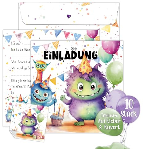 TOBJA Monster Einladung Kindergeburtstag Junge | XXL Monster Einladungskarten Geburtstag 15 x 15 cm | 10er Set mit Umschlägen & Stickern | Geburtstagseinladungen Jungen (Monster)