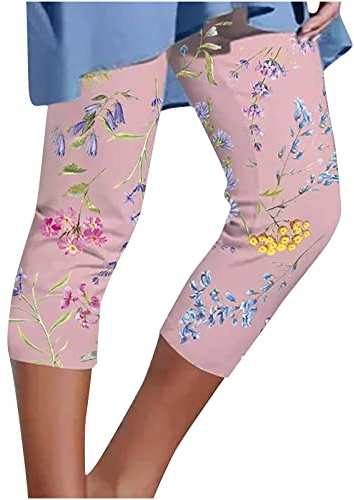 OVARA 3/4 Leggings for Women Floral Printed Stretch Cropped Trousers Ladies High Waisted Boho Capri Pants Summer Casual Elasticated Three Quarter Length Trousers