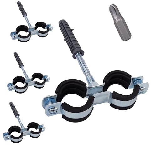 SKIR'CO Lot de 4 supports de tuyau double avec revêtement en caoutchouc pour tuyaux de 20 à 24 mm, support de tuyau pour montage mural et plafond, colliers de serrage