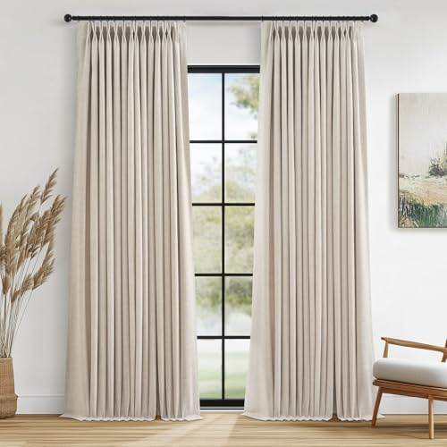90 Inch Full Blackout Pleated Drapes ,Fall Beige Linen Black Out Thermal Insulated Curtains for Bedroom,Nursery, Country Curtains for Living room with 18 Free Curtain Hooks and 16 Rings,2 panels