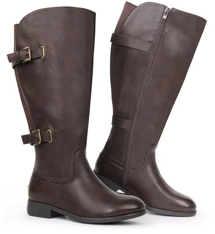 Chicblooms Botas clásicas de caña ancha con tacón plano y doble hebilla trasera elásticas para mujer, PU marrón, EU37