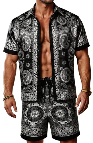 ZSJR Zsjr Mens Hawaiian Shirt Sets Satin Silk Casual Button Down Shirts 2 Piece Luxury Summer Beach Outfits For Men ensembles-de-vêtements-shorts Homme