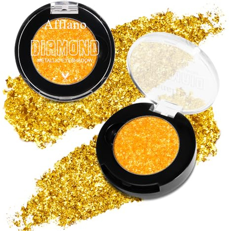Afflano Gelber Glitzer Lidschatten, Single Diamond Gold Shimmery, Super Pigmented Sunset Gold Glitter, Vibrant Metallic Eyeshadow