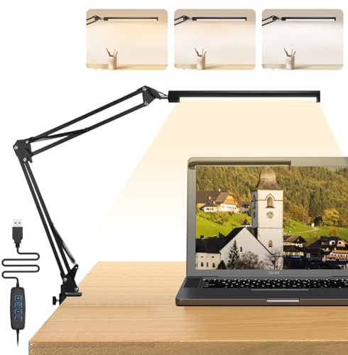 Bwaliffury Lámpara Escritorio LED 1200LM, Lámpara Escritorio LED con Clip,5 Niveles de Brillo,3 Modos de Luz, Protección ocular Lampara 45cm,Brazo Flexible Ajustable, para Estudiar en Oficina o Casa