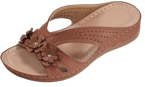 Pantuflas para mujer con cuña zapatillas ortopédicas vintage ahuecadas deslizantes chanclas cómodas pantuflas para mujer Arch Support Outdoor Walking Sandalias de verano con suela de goma, marrón, 39