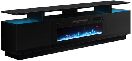 Warmiehomy Electric Fireplace Insert TV Stand, 180cm TV Stand Cabinet with Doors & 12 LED Backlight, 92cm Electric Fire with Remote Control, 12 Flame Colors, Adjustable Temperature, 900W&1800W-Black