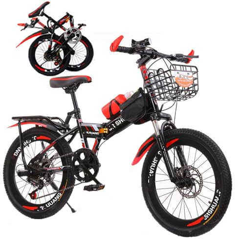 VHVYWY Bicicleta de Montaña Plegable de 18/20/22/24 Pulgadas con Cuerpo de Acero de Alto Carbono para Adulto y Niños con Amortiguador y Freno de Disco Doble Black Red,20IN
