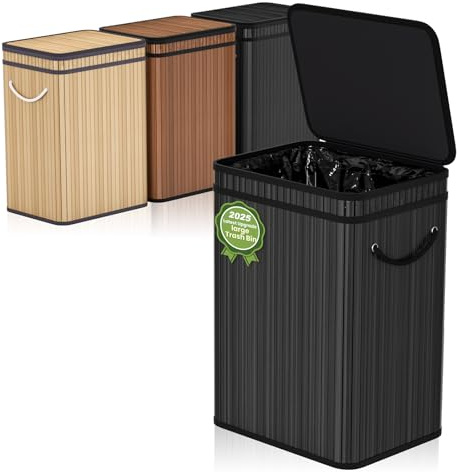 Mihoho 80 Liter/21 Gallon Large Trash Can with Lid, Garbage Bin Wastebasket Made of Bamboo, Outdoor Garbage Can/Waste Bin for Home, Office, Bathroom, Kitchen 24 HX15.8 WX11.8 D (Advanced Black)