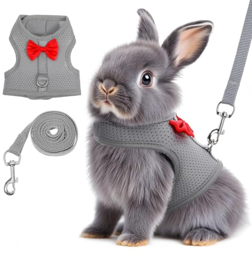 Rabbit Harness and Leash Set,Bunny Leash for Walking Escape Proof,Bunny Clothes with Cute Bow Mesh Breathable Adjustable Vest Rabbit Harness Camping Hiking Training for Ferret Kitten Puppy (Grey M)