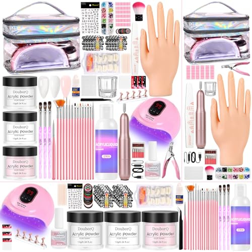 Major Dijit Kit d'ongles en acrylique : lampe LED UV, poudre, monomère, main d'exercice, strass, moules, vernis à ongles gel 4 en 1, trousse de maquillage argentée - Obtenez des résultats de qualité