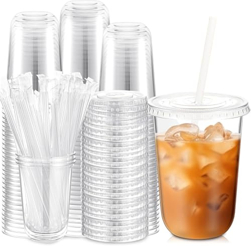 KAHEIGN 50 Piezas Vasos de Plástico Transparente con Tapa Y Pajitas de Papel, 480ml Vaso Reutilizable de Plástico para Café Elegantes Vasos para Café Helado Batidos Bebidas Frías Fiestas Catering