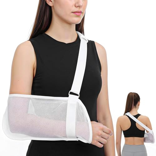 Sibba Breathable Arm Sling, Adjustable Mesh Injury Support for Wrist Torn Rotator Cuff Elbow Shoulder Recovery, Lightweight Arm Brace Immobilizer for Shower Men Woment, White
