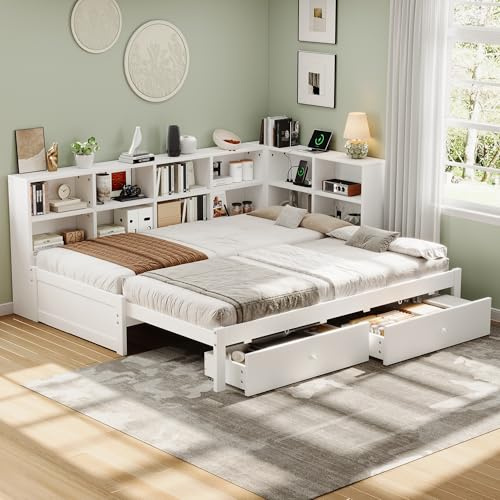 Xfholl 3ft Single Daybed with Two Storage Drawers and Beside Storage, Pull-out Trundle Bed with Charging Station, White, 90 x 190 cm (No Mattress)