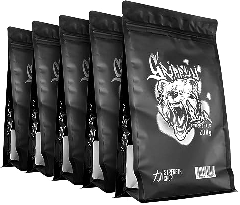 Strength Shop Magnesia Pulver 5X 200g (Sehr Fein), Boulder Chalk mit wiederverschließbarer Verpackung, 100% natürliche Kletterkreide, ideal für Kraftsport, Klettern, Turnen, Bouldern & Co.