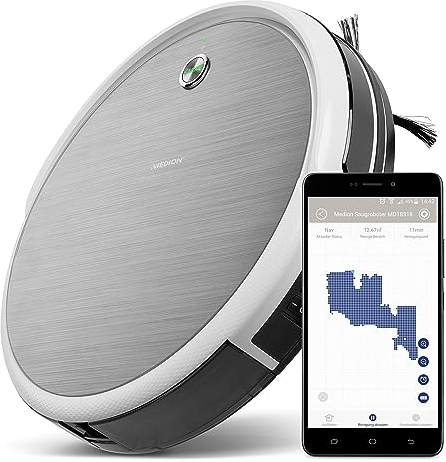 MEDION Saugroboter mit Ladestation und App Steuerung (100 Min. programmierbar, flach, Roboterstaubsauger für Hartböden Teppiche, Tierhaar optimiert, Direktabsaugung, intelligente Gyroskop Navigation)