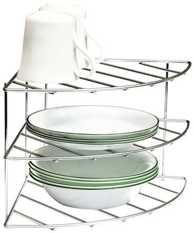 Amtido Organizador de platos de cocina de 3 niveles, organizador de platos de esquina cromado para cuencos, tazas, sartenes, platos, estante de platos de metal para despensa, encimera, armario y