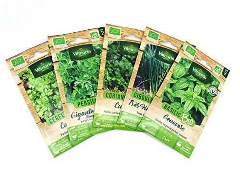 Pack de 5 sachets graines aromatiques BIO : Basilic - Ciboulette -Coriandre - Persil - Cerfeuil
