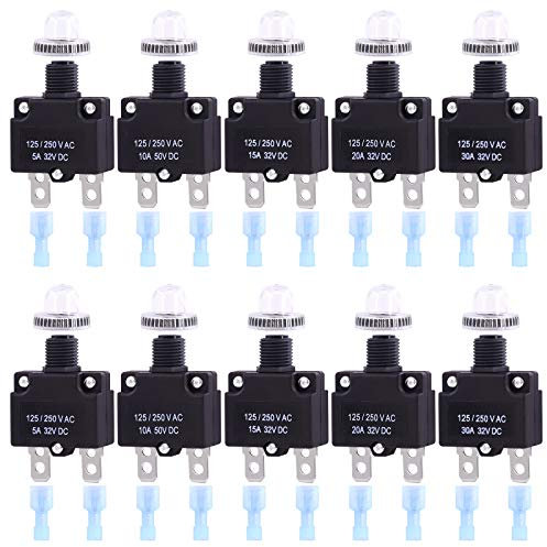 Swpeet Disjoncteur thermique avec bornes à connexion rapide et capuchons de boutons étanches 5 A, 10 A, 15 A, 20 A, 30 A, avec bouton poussoir étanche pour le fonctionnement de l'interrupteur