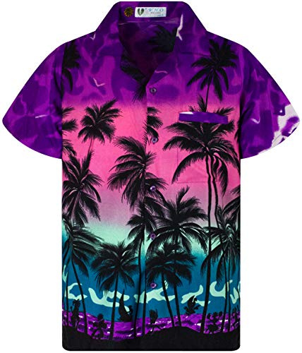 V.H.O. Funky Hawaii-skjorta för män, kortärmad med frontficka och Hawaii-tryck: strand, palmer och olika färger, Beach eklebord lila, XL