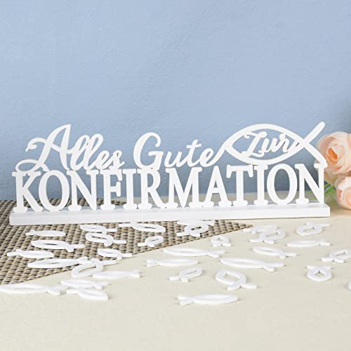 (37 Stk) Konfirmation Tischdeko Holz Weiß 1 Stk Aufsteller Alles Gute zur Konfirmation Schriftzug 36 Stk Streudeko Fische Holz Dekoration für Taufe Konfirmation Junge Mädchen (Bunt-A)
