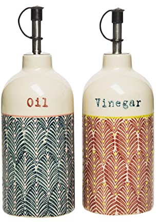 Tranquillo Essig und Ölflasche Spender Set MIX'N'MATCH aus handgestempeltem Steinzeug, 7x7x15 cm. Fassungsvermögen: 450 ml pro Flasche
