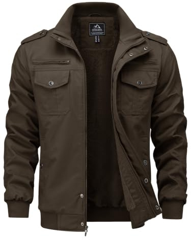 TACVASEN herr Varm militärjacka Fleecefodrad Cargojacka Uppfällbar krage med fickor (2XL, Kaffe)