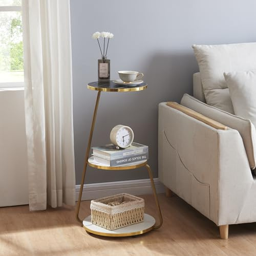 [en.casa] Tavolino da Divano (AxLxP) 74 x 46 x 37 cm Tavolino Basso con Telaio in Metallo e 3 Piani d'Appoggio - Marmo Bianco/Marmo Nero