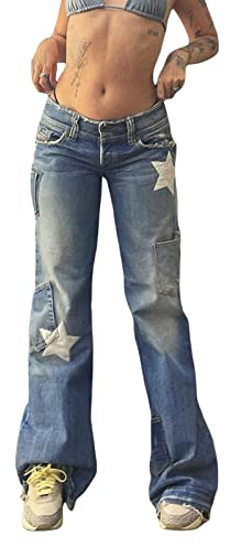 Owegvia Jeans da donna Y2K a gamba larga, modello cargo, in denim, stile indie, aesthetic, a vita bassa, pantalone largo e dritto, stile baggy, pantalone loose, Blu, L