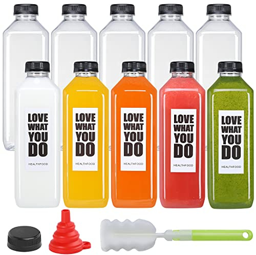 Fhxtcygj 10pcs 33oz Plastic Bottles with Caps, Juice Container with Lids, Empty Plastic Juice Bottles Reusable Clear Bulk Beverage Containers with Tamper Evident Cap for Milk, Smoothie, Drinks