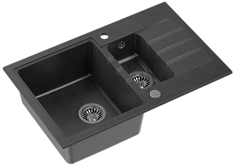 QUADRON Granitspüle Schwarzspüle | Größe 78x50 cm, Farbe: Schwarz | PETER 156 Küchenspüle Granit Spülbecken Steingran | mit manuellem Siphon und Schraubverschluss | mit Abtropffläche