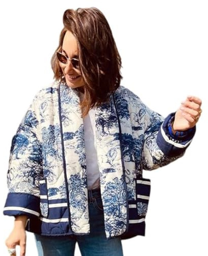 Vestes Matelassées Légères pour Femmes Cardigan Ample Imprimé à la Mode Manteau Bouffant Rembourré avec Poches