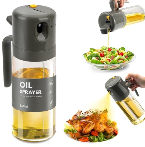 Foenwoen Ölsprüher für Speiseöl 550ml, Öl Sprühen und Gießen, Öl Sprühflasche, Sprühflasche Glas für Öl, Ölspray für Heißluftfritteuse, Ölspray Zum Kochen, Öl Sprüher für Backen,Grillen,Salat (Grau)