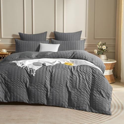 Luowei Biancheria da letto estiva in seersucker, 135 x 200 cm, motivo a strisce, 2 pezzi, con federa da 80 x 80 cm, leggera, morbida, traspirante, Oeko-TEX, colore grigio con chiusura lampo