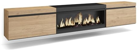 Skraut Home | TV-Schrank, Lowboard | für Wohnzimmer und Esszimmer | 267x45x35 cm | Für großformatiges TV | Elektrokamin XXL | Hängend | Moderner Stil | Eiche Schwarz