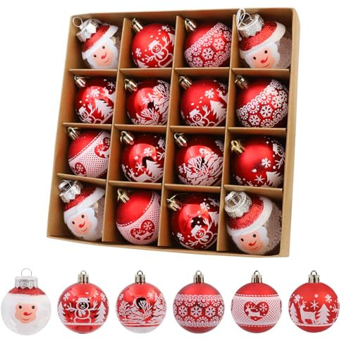 Lot de 16 décorations de sapin de Noël - Rouge, vert et blanc - Décorations résistantes aux chocs - Ornements suspendus de 8,9 cm pour décoration de fête de Noël
