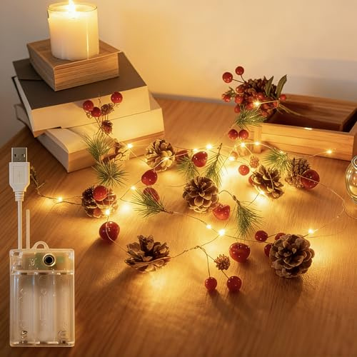 Lustaled 6.56FT Christmas Garland With Lights, Christmas Garland Decorations with Pine Cones Red Bells, USB/Battery Power Fairy Lights 8 Modes for Xmas Mantle Table Fireplace Stair Wall Door