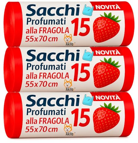 Akitaink - Sacchi spazzatura con Manici - Profumati - 3 Rotoli 45 pz, Sacchi da 45L | Misure 55x70cm | Sacchetti per la Spazzatura di Qualità Premium (FRAGOLA)