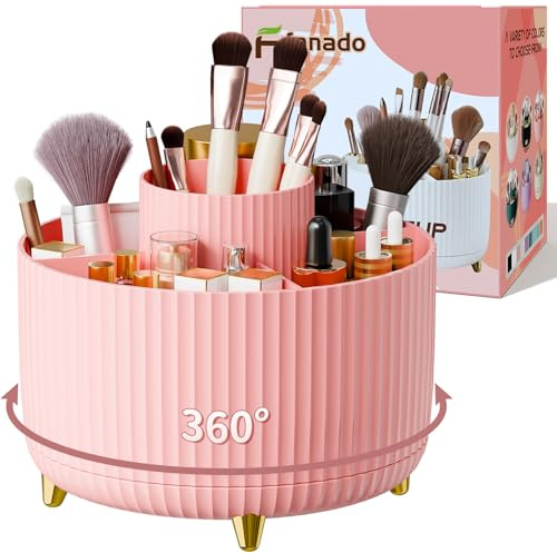 fanado 360° Rotating Makeup Organiser, Makeup Brush Holder, 5 Compartment Makeup and Skincare Storage for Vanity, Desktop, Bathroom (Pink)