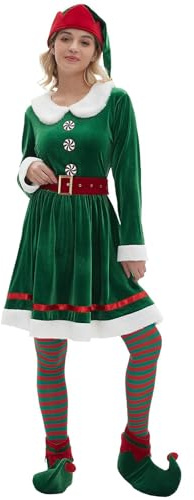 Costume Elfo Donna Set Completo Costume da Elfo Natalizio Vestito Natalizio con Cintura Cappello Calze Scarpe Abito di Flanella Set di Babbo Natale Costumi Carnevale Natale Halloween (Green, 170)